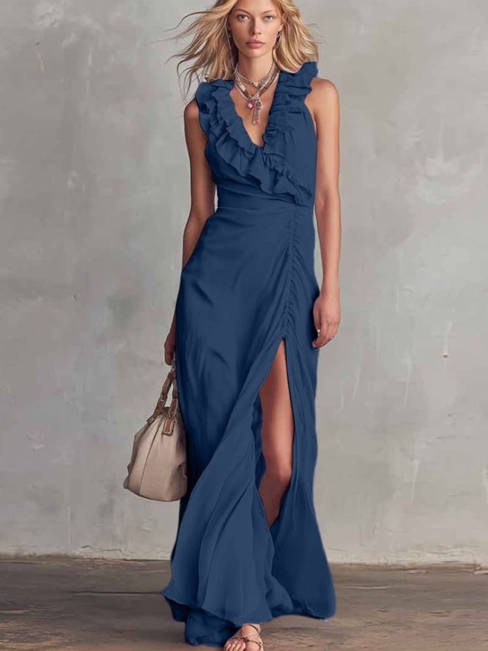 Lulu's Navy Ruffled V-Neck Maxi Dress